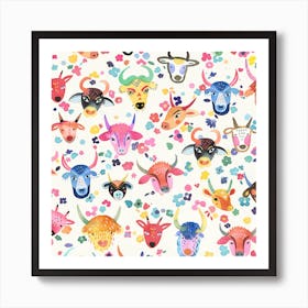 Cute Ox Farm Animals Square Art Print