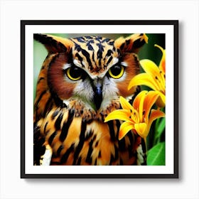 Owl With Yellow Flowers Art Print