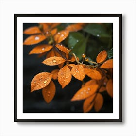 Raindrops On Orange Leaves Art Print