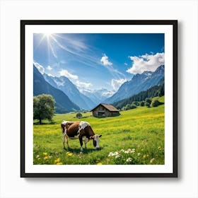 Alpine Meadow With A Cow Grazing Spring Setting Blossoming Flowers Dotting The Lush Grass Warm Su 2 Art Print