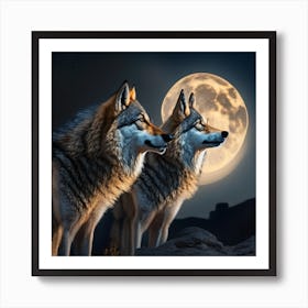 Two Wolves At The Moon Art Print