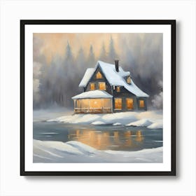 Winter House By The Lake Art Print