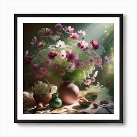 Cosmos Flowers In A Vase on Table Art Print