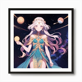 Anime Girl Holding Planets Art Print