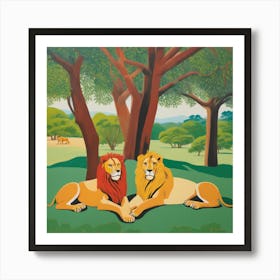 Lions Resting under Acacia Trees Series. Style of David Hockney Art Print