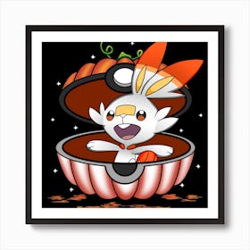 Scorbunny In Pumpkin Ball - Pokemon Halloween Art Print