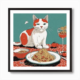 Cat With Spaghetti Art Print