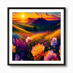 Sunset With Flowers Art Print