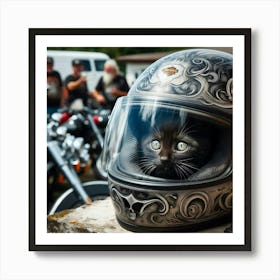 Black Cat In Motorcycle Helmet 1 Art Print