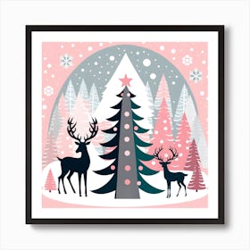 Christmas Tree And Deer, Rein deer, Christmas Tree art, Christmas Tree, Christmas vector art, Vector Art, Christmas art, Christmas, star light Art Print