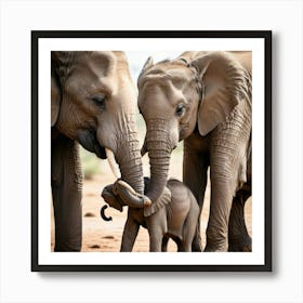 A touching scene of an elephant mother tenderly protecting her calf Art Print