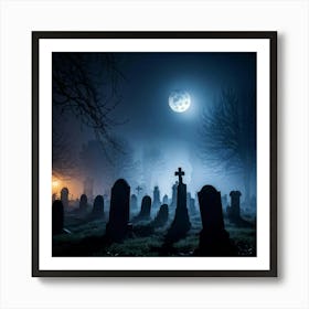 Cemetery Scene On A Halloween Night With Fog And Ghostly Silhouettes Against The Night Sky Haunted Art Print