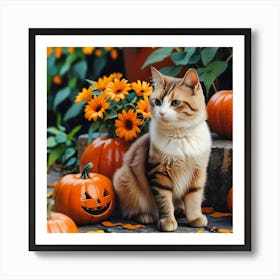 Cat With Pumpkins Art Print