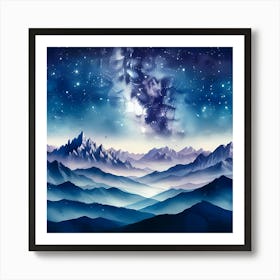 Mountain Landscape With Starry Sky And The Milky Way Art Print