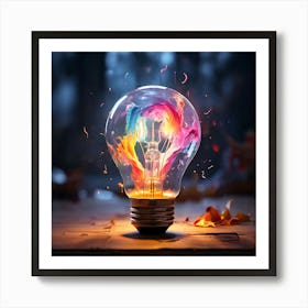 Clean Simple Image Of A Lightbulb Bursting With Paint Splashes Representing Creativity Art Print