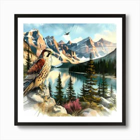 Falcon on a Rock by a Mountain Lake in Color Drawing - Wild Bird Artwork 161 Art Print