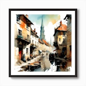 Watercolor Painting European Town Art Print