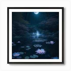 A Dreamy Moonlit Pond In A Dense Forest Art Print