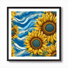 Sunflowers On A Blue Background Art Print