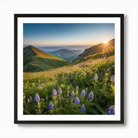 A Lush Green Mountain Filled With Blooming Wildflowers Basks In Warm Sunlight Under A Clear Blue Sky, Its Natural Beauty Portrayed Serenely 3 Art Print