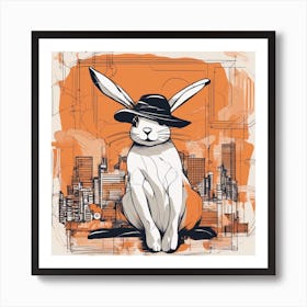 A Silhouette Of A Bunny Wearing A Black Hat And Laying On Her Back On A Orange Screen, In The Style Art Print