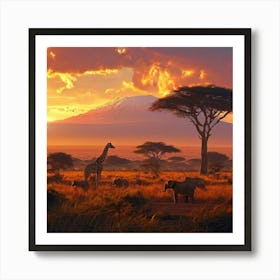 A Photographic Painting Of The African Plains With A View Of Kilimanjaro Sunset Scenery With Lions Art Print