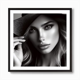 The Girl In The Hat 3/4 (beautiful female lady model black and white portrait close up face) Art Print