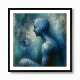 Title: "Contemplation in Blue"  Description: "Contemplation in Blue" is an abstract representation of a human profile in varying shades of blue, with swirling patterns suggesting depth and complexity. This piece conveys introspection and the intricate layers of the mind, ideal for spaces that inspire thought and creativity. Its textured appearance and cool palette evoke calmness, suitable for a tranquil retreat or a modern office. Art Print