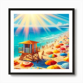 Beach Day Bliss Wall Print Art A Vibrant And Lively Depiction Of A Perfect Summer Day At The Beach, Perfect For Bringing The Joy Of Swimming And Summer Fun Into Any Space Art Print