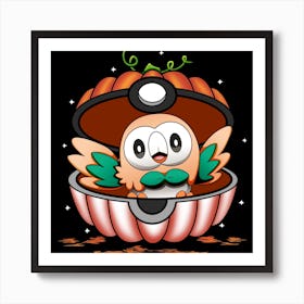 Rowlet In Pumpkin Ball - Pokemon Halloween Art Print