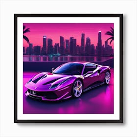 Ferrari Car In Front of Miami Skyline Art Print