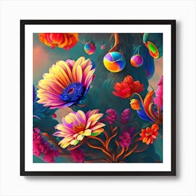 Colorful Flowers Watercolor Flowers Seamless Pattern  Art Print