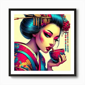 Beautiful Geisha With Traditional Tea Cup Pop Art Color Illustration Póster