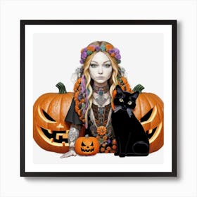 Halloween Girl With Black Cat Art Print