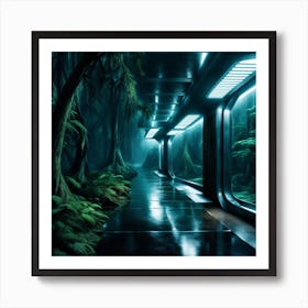 Forest Night Rain Interior Lit Entrances To Alien Spaceship Corridors Fumes From Outdoor Air Con 1 Art Print