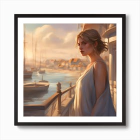 Seaside Town with Lady, Digital Art Art Print