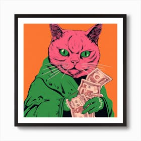 Pink Cat With Money Art Print