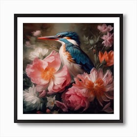 Kingfisher And Flowers Art Print