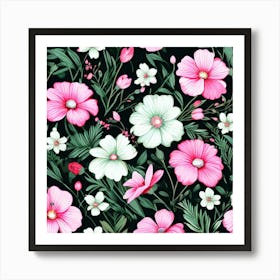 Floral Fantasia A Vibrant Pattern Bursting With Baby Pink White And Dark Pink Greenflowers Pink Flowers On Black Background Art Print