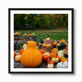 An Autumnal Photography Arrangement Depicting A Vibrant Orange Gourd Amidst A Thanksgiving Meal Sett 2 1 Art Print