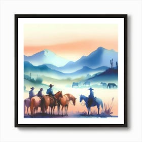 Watercolor Cowboys On Horses 1 Art Print