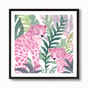 Pink Leopards with Cub in Jungle Art Print