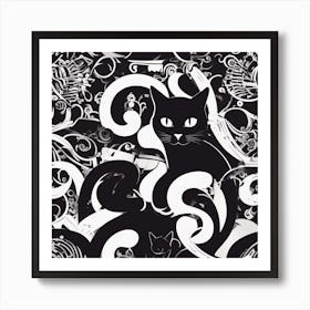 An Image Of A Cat With Letters On A Black Background, In The Style Of Bold Lines, Vivid Colors, Grap (9) Art Print