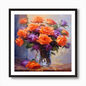 Orange Roses In A Vase Art Print