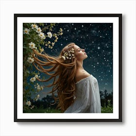 Beautiful Young Woman With Long Hair In The Garden At Night Art Print