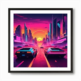 Neon Cars In The City Art Print