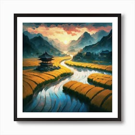 Beautiful views of rice fields, close to the river and surrounded by mountains, Art Print