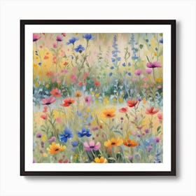 Multicolored Wildflowers Watercolor Field Drawing Summer 2 Art Print