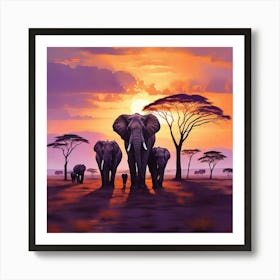 Elephants At Sunset paintings art print Art Print