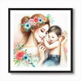 Mother and Child Watercolor Art Art Print